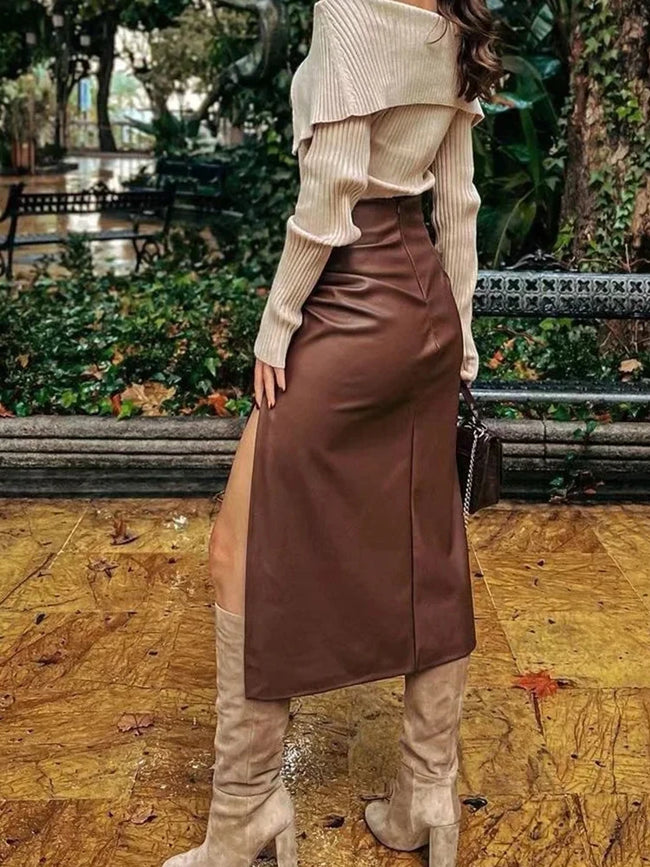 Faux Leather Split Skirt