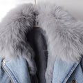New Women Faux Fox Fur Collar Jean Coat (Rabbit Fur)