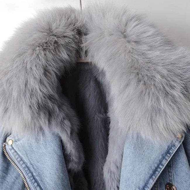 New Women Faux Fox Fur Collar Jean Coat (Rabbit Fur)
