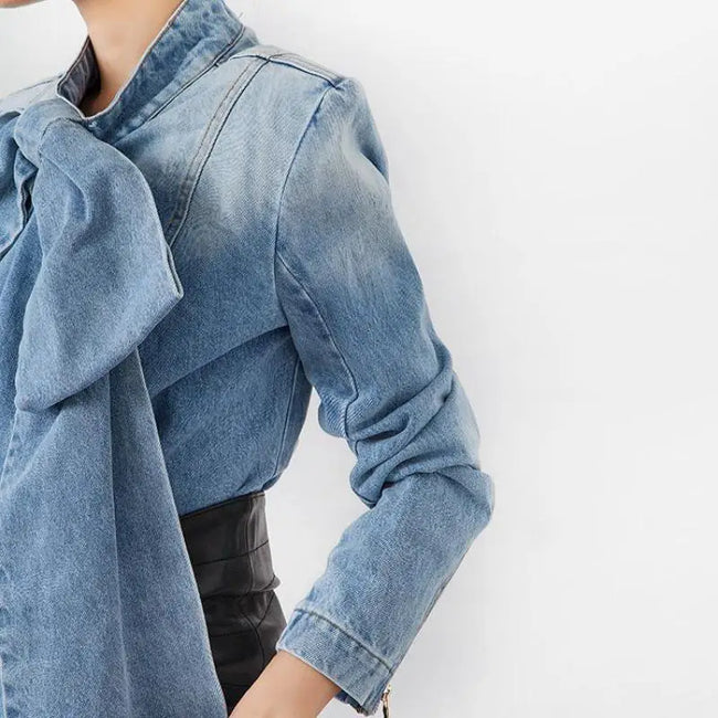 Women Retro Denim Blouse With Bow