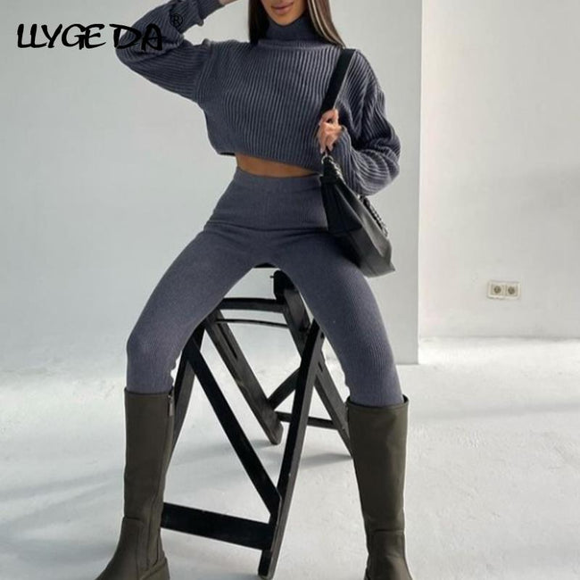 Turtleneck Cropped Knitted Women's Suit Sexy Long Sleeve High Waist Set Woman 2 Pieces 2022 Winter Lady Knit Streetwear Sets - Shoe Candy Shop