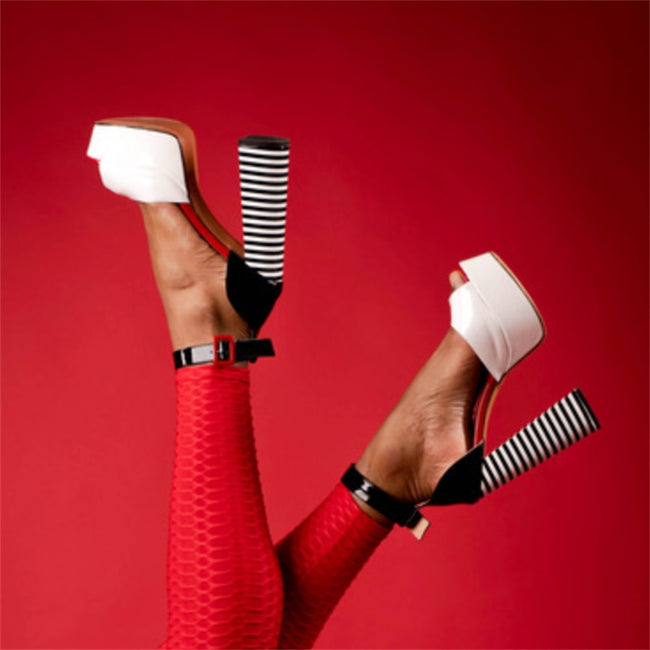 Onlymaker Women's Sandals Platform Peep Toe Chunky Square Heels Ankle Strap Sandals Black And White Stripes Party Fashion Shoes - Shoe Candy Shop