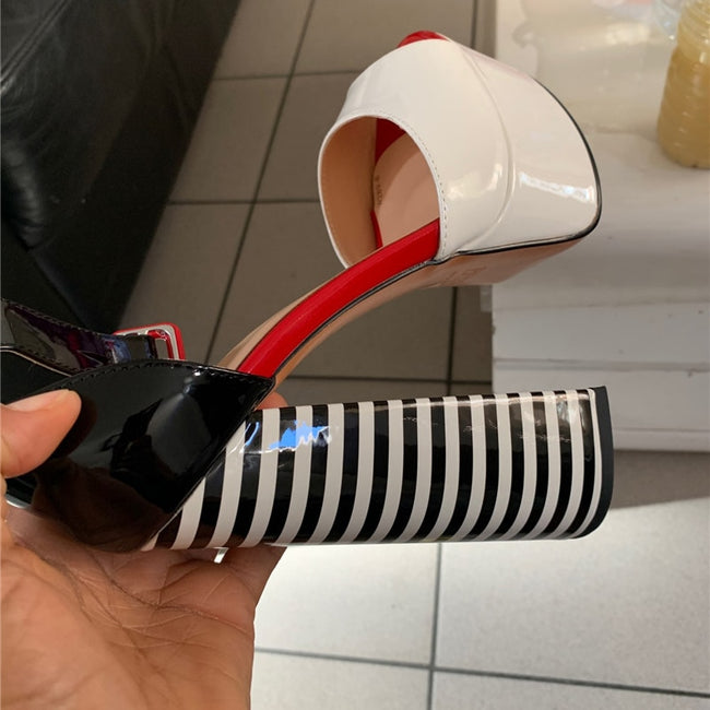 Onlymaker Women's Sandals Platform Peep Toe Chunky Square Heels Ankle Strap Sandals Black And White Stripes Party Fashion Shoes - Shoe Candy Shop