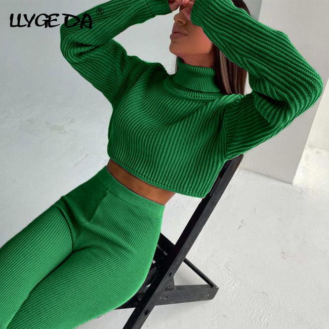 Turtleneck Cropped Knitted Women's Suit Sexy Long Sleeve High Waist Set Woman 2 Pieces 2022 Winter Lady Knit Streetwear Sets - Shoe Candy Shop