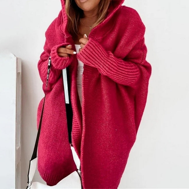 SHUJIN Women's Knitted Cardigan Sweater With Cap Collar Temperament Bat-shaped Hoodie Soft Loose Back Sstitching Sweater - Shoe Candy Shop