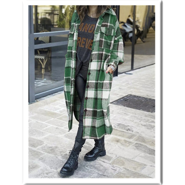 Women's Fashion Long Plaid Coat Autumn Shirt Coat Woolen Coat Streetwear Women Clothing Loose Coat Female Casual Jacket - Shoe Candy Shop