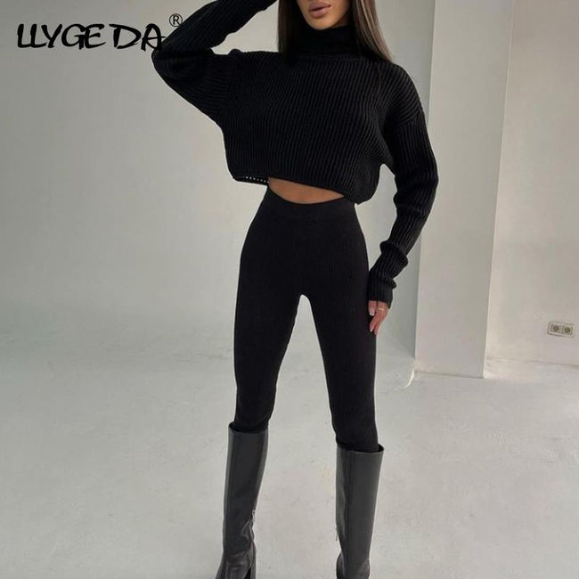 Turtleneck Cropped Knitted Women's Suit Sexy Long Sleeve High Waist Set Woman 2 Pieces 2022 Winter Lady Knit Streetwear Sets - Shoe Candy Shop