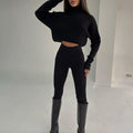 Turtleneck Cropped Knitted Women's Suit Sexy Long Sleeve High Waist Set Woman 2 Pieces 2022 Winter Lady Knit Streetwear Sets - Shoe Candy Shop