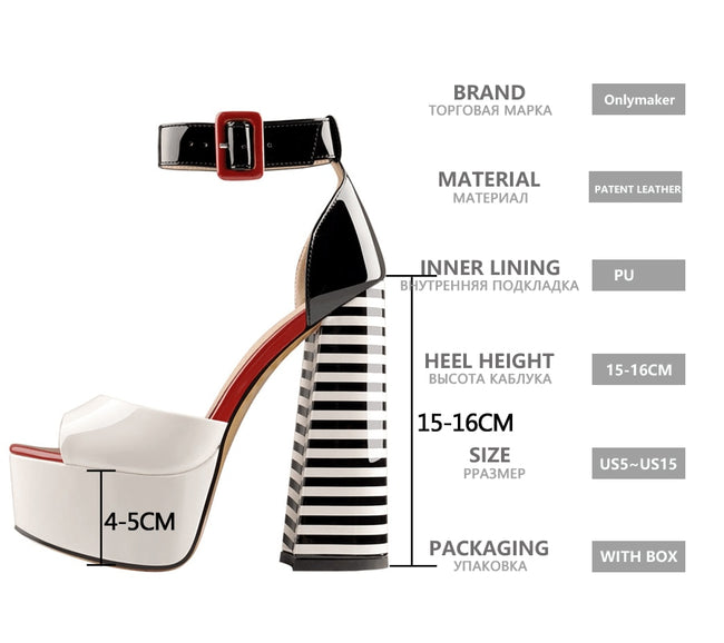 Onlymaker Women's Sandals Platform Peep Toe Chunky Square Heels Ankle Strap Sandals Black And White Stripes Party Fashion Shoes - Shoe Candy Shop