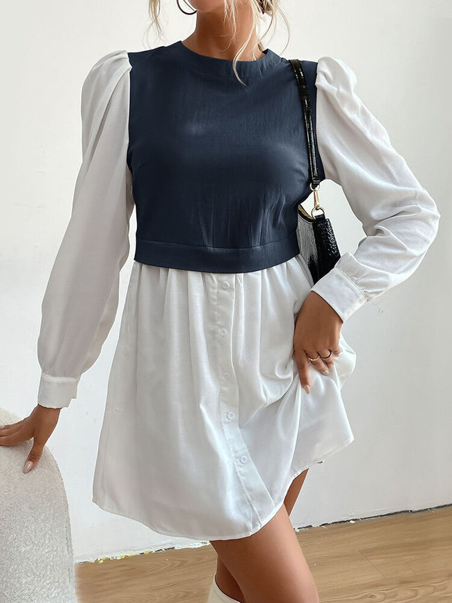 JIM & NORA Women Autumn Long Sleeve Round Neck Soild Colour Patchwork Mini Dress Fashion Vestidos Ladies Office Shirt Dresses - Shoe Candy Shop