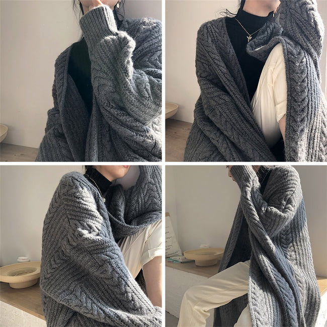 Women'S Cardigan Sweater Long Outwear Knitwear Knit Chunky Long Sleeve Thick Loose Wool Sweater Twisted Rope Autumn Winter Coat - Shoe Candy Shop