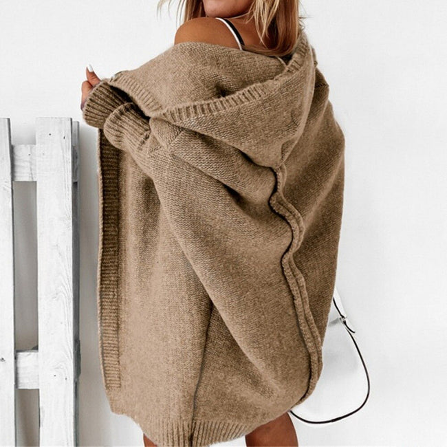 SHUJIN Women's Knitted Cardigan Sweater With Cap Collar Temperament Bat-shaped Hoodie Soft Loose Back Sstitching Sweater - Shoe Candy Shop