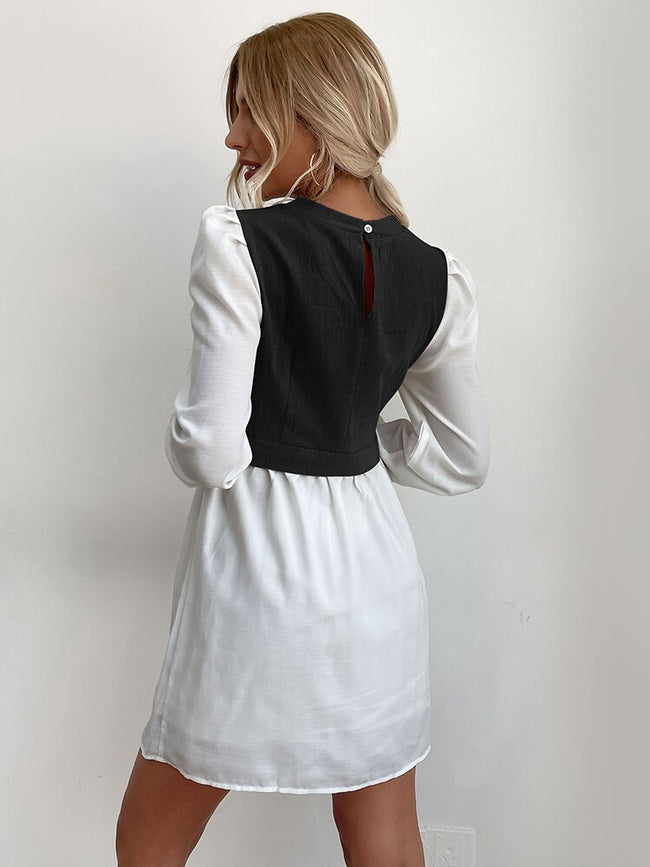 JIM & NORA Women Autumn Long Sleeve Round Neck Soild Colour Patchwork Mini Dress Fashion Vestidos Ladies Office Shirt Dresses - Shoe Candy Shop