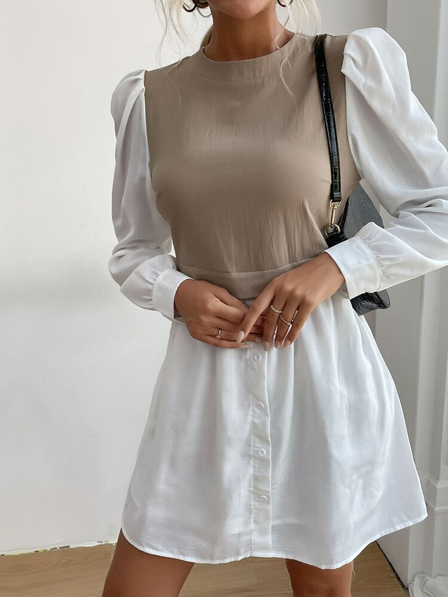 JIM & NORA Women Autumn Long Sleeve Round Neck Soild Colour Patchwork Mini Dress Fashion Vestidos Ladies Office Shirt Dresses - Shoe Candy Shop