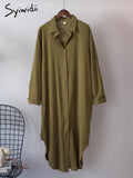 Syiwidii White Shirts Dress for Women Oversized Casual Cotton Loose Dresses Long Sleeve Button Up Blue Midi Long Blouses Dress - Shoe Candy Shop