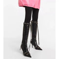 New Fashion Luxury Pointed Toe Stiletto Women's Shoes Retro Metal Buckle Zipper Knee High Boots Slim Tassel Boots Women Size 43 - Shoe Candy Shop