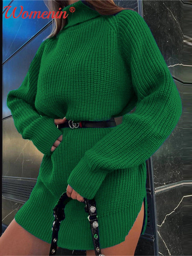Turtleneck Split Women's Sweater Dress Loose Casual Long Sleeve Pullover  Ladies Sweaters Autumn Winter 2022 New Solid Dresses - Shoe Candy Shop