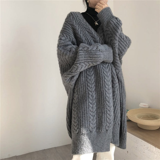 Women'S Cardigan Sweater Long Outwear Knitwear Knit Chunky Long Sleeve Thick Loose Wool Sweater Twisted Rope Autumn Winter Coat - Shoe Candy Shop