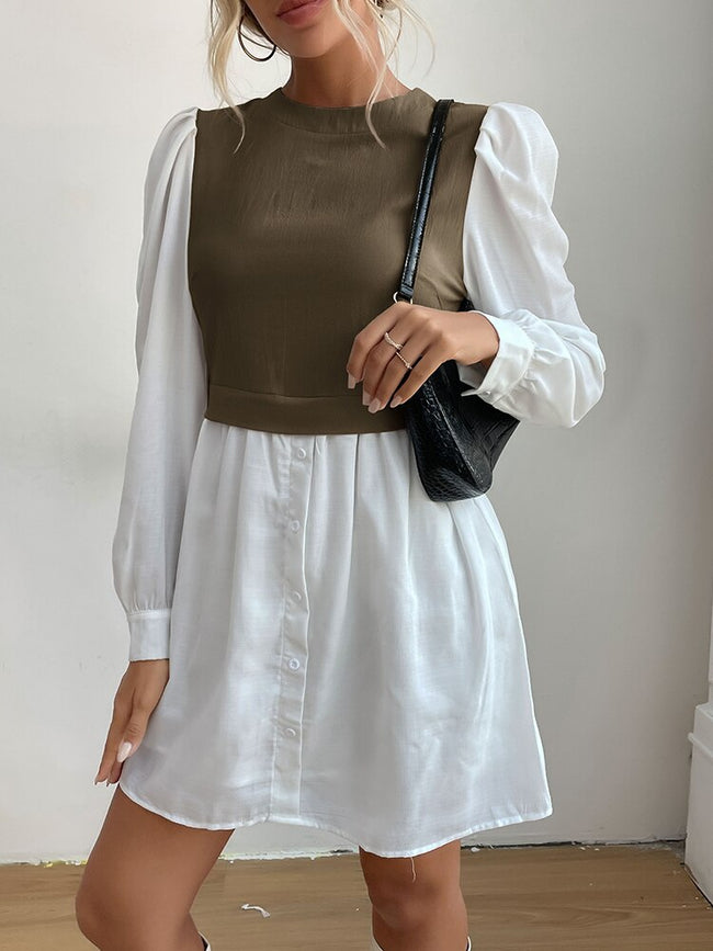 JIM & NORA Women Autumn Long Sleeve Round Neck Soild Colour Patchwork Mini Dress Fashion Vestidos Ladies Office Shirt Dresses - Shoe Candy Shop