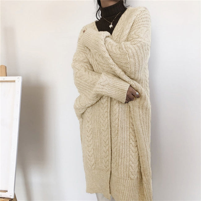 Women'S Cardigan Sweater Long Outwear Knitwear Knit Chunky Long Sleeve Thick Loose Wool Sweater Twisted Rope Autumn Winter Coat - Shoe Candy Shop