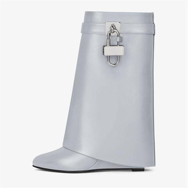 Women's new locking design in the winter of 2022 Women's calf boots leather surface Women's wedge - Shoe Candy Shop