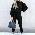 Women's Tracksuit Two Pieces Autumn Fashion Solid Casual Long Sleeve Pullover Outfits High Waist Bandage Pants Oversized Hoodies - Shoe Candy Shop