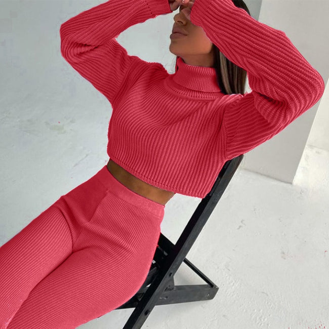 Turtleneck Cropped Knitted Women's Suit Sexy Long Sleeve High Waist Set Woman 2 Pieces 2022 Winter Lady Knit Streetwear Sets - Shoe Candy Shop