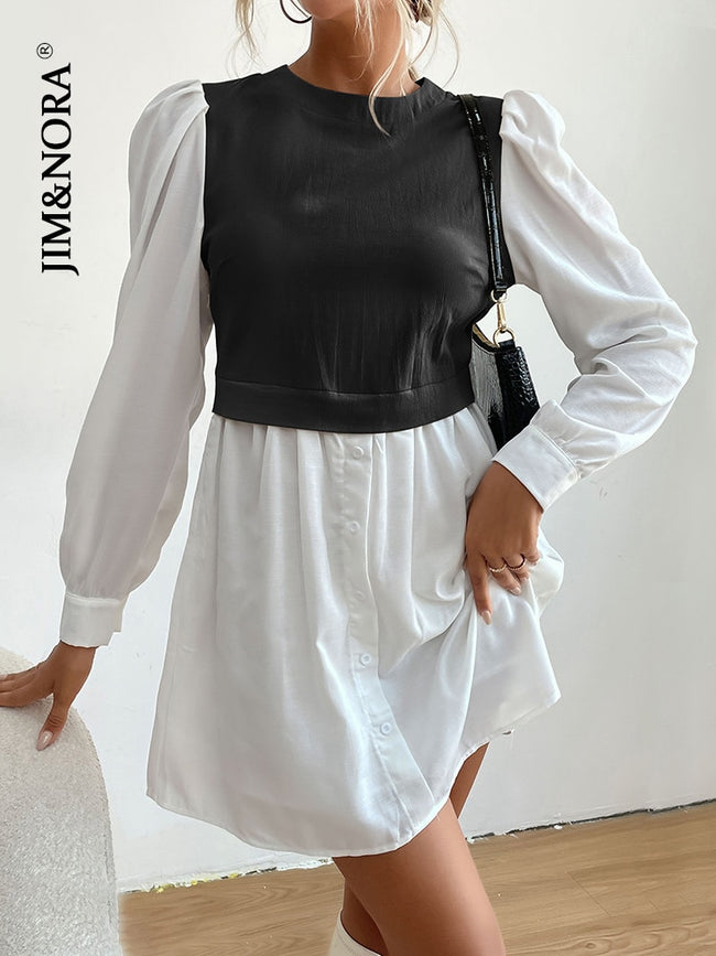 JIM & NORA Women Autumn Long Sleeve Round Neck Soild Colour Patchwork Mini Dress Fashion Vestidos Ladies Office Shirt Dresses - Shoe Candy Shop
