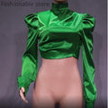 Women Elegant Solid Color Puff Sleeve Satin Blouse - Shoe Candy Shop