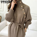 Sweaters Luxury Designer Turtle Autumn Winter Sweater Long Knitted Dress Rib Sleeve Belt Elegant Women Korean Sweater Wholesale - Shoe Candy Shop