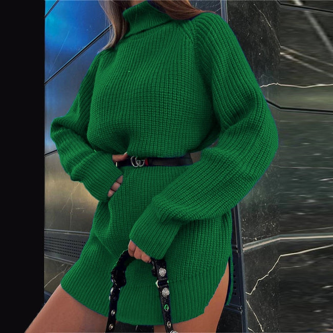 Turtleneck Split Women's Sweater Dress Loose Casual Long Sleeve Pullover  Ladies Sweaters Autumn Winter 2022 New Solid Dresses - Shoe Candy Shop