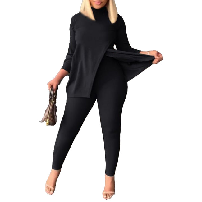 Winter Fashion Two-piece Set Women's Solid Color Long Sleeve Casual Split Tshirt Leggings Slim Two-piece Set Women - Shoe Candy Shop