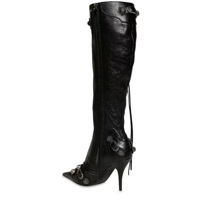 New Fashion Luxury Pointed Toe Stiletto Women's Shoes Retro Metal Buckle Zipper Knee High Boots Slim Tassel Boots Women Size 43 - Shoe Candy Shop