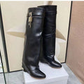 Women Fashion Shark Lock Knee High Boots Folded Leather Wedge Heel Lncreasing Double Barrel Straight Multicolor Fashion Boots - Shoe Candy Shop