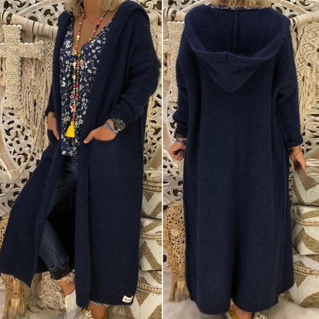 Long Sleeve Two Pockets Loose Fit Open Front Sweater Coat Autumn Winter Solid Color Hooded Long Knitted Cardigan Outerwear 가디건 - Shoe Candy Shop