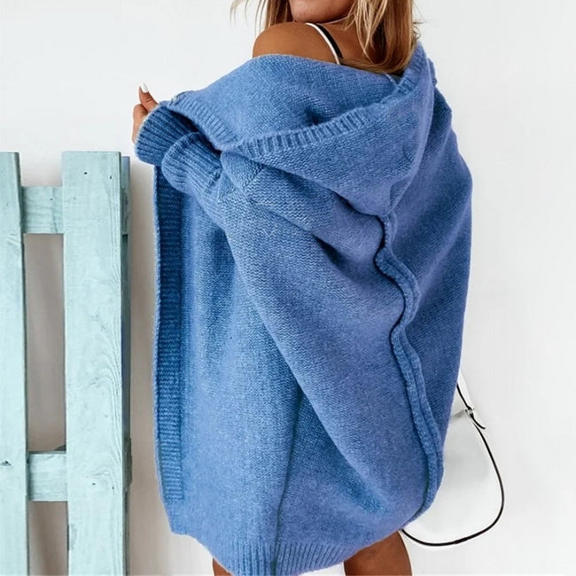 SHUJIN Women's Knitted Cardigan Sweater With Cap Collar Temperament Bat-shaped Hoodie Soft Loose Back Sstitching Sweater - Shoe Candy Shop