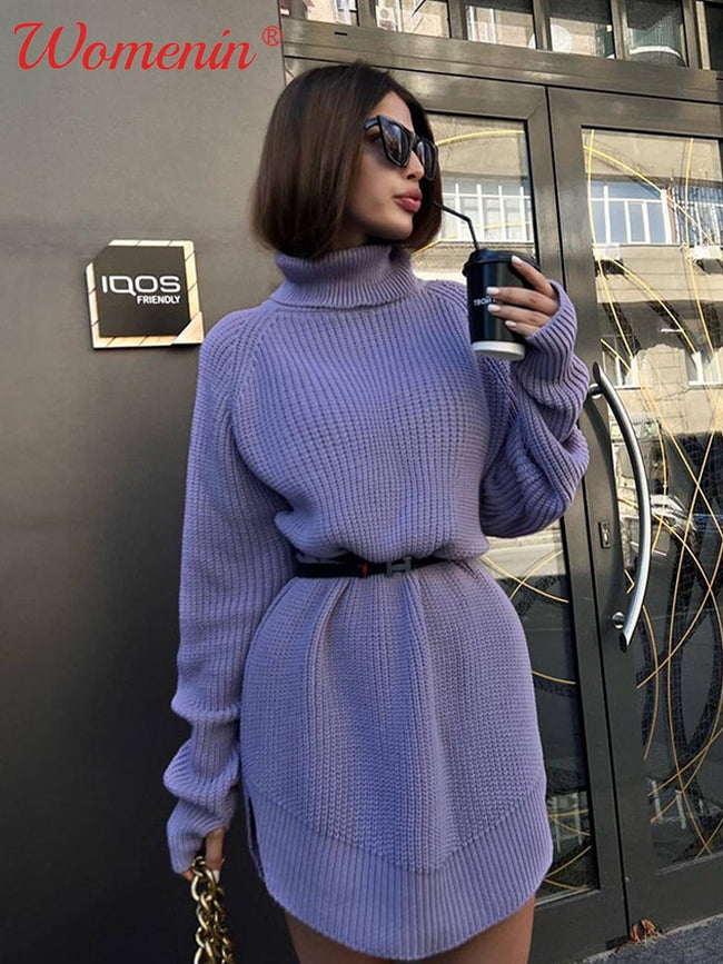 Turtleneck Split Women's Sweater Dress Loose Casual Long Sleeve Pullover  Ladies Sweaters Autumn Winter 2022 New Solid Dresses - Shoe Candy Shop
