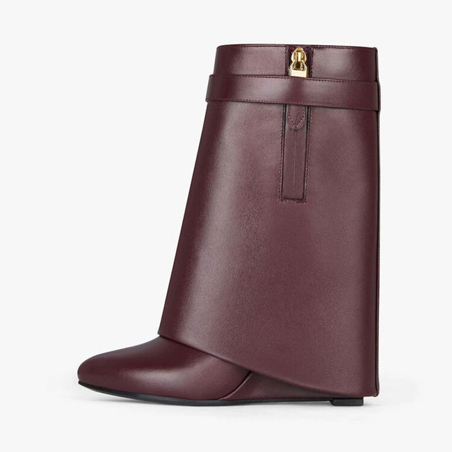 Women's new locking design in the winter of 2022 Women's calf boots leather surface Women's wedge - Shoe Candy Shop