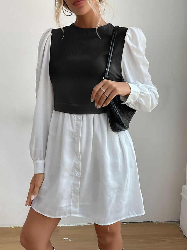 JIM & NORA Women Autumn Long Sleeve Round Neck Soild Colour Patchwork Mini Dress Fashion Vestidos Ladies Office Shirt Dresses - Shoe Candy Shop