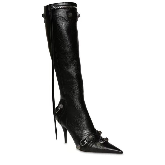 New Fashion Luxury Pointed Toe Stiletto Women's Shoes Retro Metal Buckle Zipper Knee High Boots Slim Tassel Boots Women Size 43 - Shoe Candy Shop