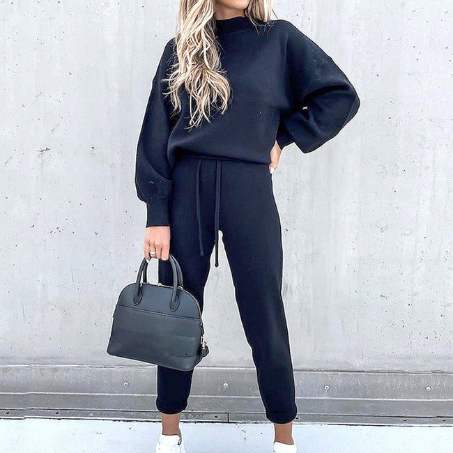 Women's Tracksuit Two Pieces Autumn Fashion Solid Casual Long Sleeve Pullover Outfits High Waist Bandage Pants Oversized Hoodies - Shoe Candy Shop
