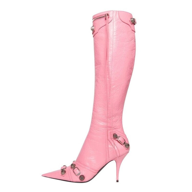 New Fashion Luxury Pointed Toe Stiletto Women's Shoes Retro Metal Buckle Zipper Knee High Boots Slim Tassel Boots Women Size 43 - Shoe Candy Shop