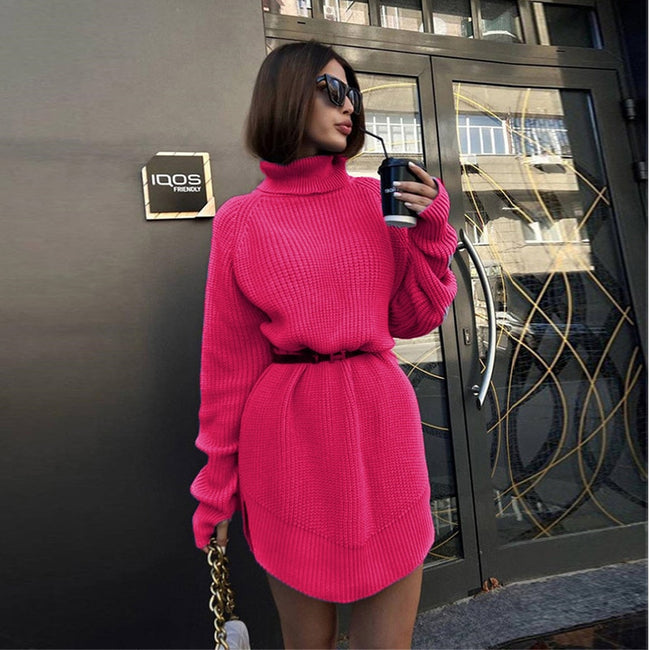 Turtleneck Split Women's Sweater Dress Loose Casual Long Sleeve Pullover  Ladies Sweaters Autumn Winter 2022 New Solid Dresses - Shoe Candy Shop