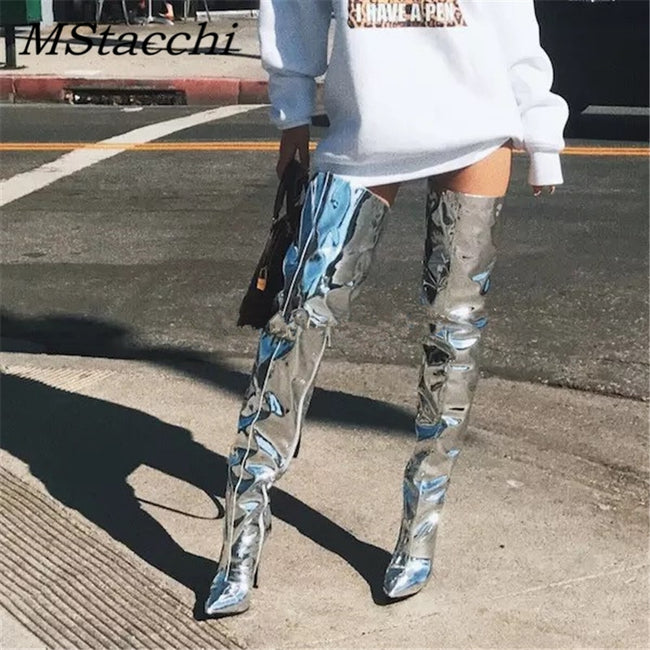 Mirror Stiletto Knee Boots - Shoe Candy Shop