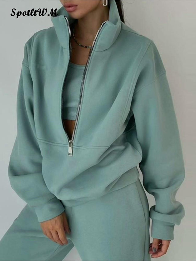 Women Fleece Two Piece Set Autumn Winter Female Sports Warm Suit Casual Oversized Polo Zipper Sweatshirts And Trouser Tracksuits - Shoe Candy Shop