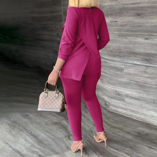 Winter Fashion Two-piece Set Women's Solid Color Long Sleeve Casual Split Tshirt Leggings Slim Two-piece Set Women - Shoe Candy Shop