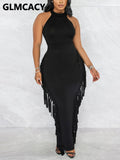 Women Sleeveless Bodycon Midi Dress Tassels Sexy Party Dress