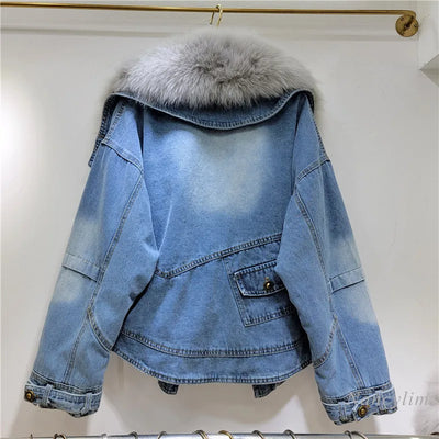 Oversized Detachable Denim Fox Fur Coat