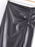 Women Faux Leather Slit Pencil Skirt