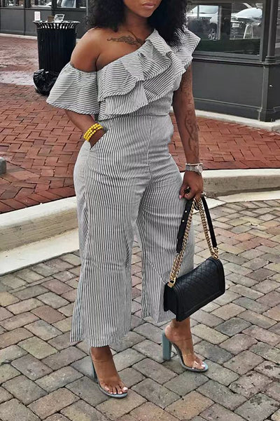 One Shoulder Sleeveless Ruffle Jumpsuit